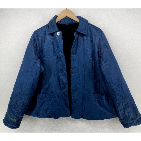 SIMONE CHIN CHIN Jacket M Velvet Silk Quilted Reversible Button Front Black Blue - Picture 2 of 16